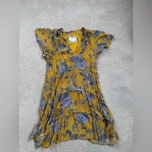Anthropologie Floral Tiered Ruffle Mini Dress Small Mustard Yellow Blue